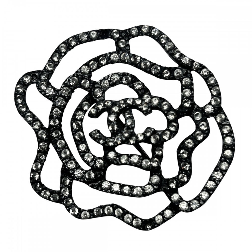 CHANEL シャネル ブローチ ローズ ココマーク アクセサリー ココ ヴィンテージ ラインストーン 00A ガンメタル レディース 約13.5g 2000年【中古品】