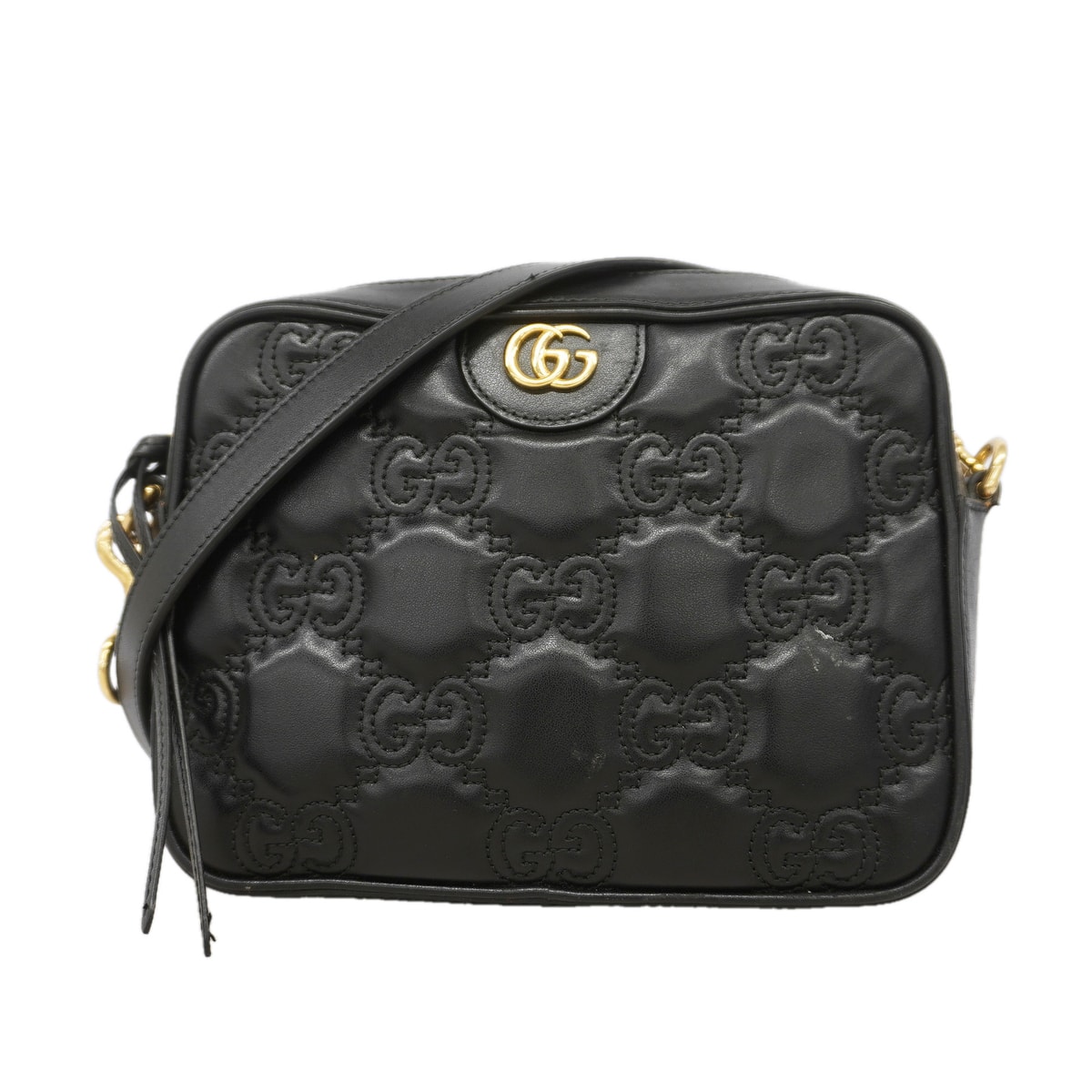 【6id4842】グッチ ショルダーバッグ GGマトラッセ 702234 レザー ブラック ゴールド金具【中古】レディース