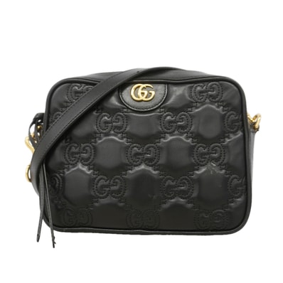 【6id4842】グッチ ショルダーバッグ GGマトラッセ 702234 レザー ブラック ゴールド金具【中古】レディース