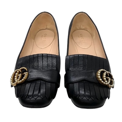 グッチ GUCCI ダブルG ローファー 革靴 靴 シューズ レザー ブラック 黒 フラットシューズ ダブルG GGマーモント フリンジ パール
