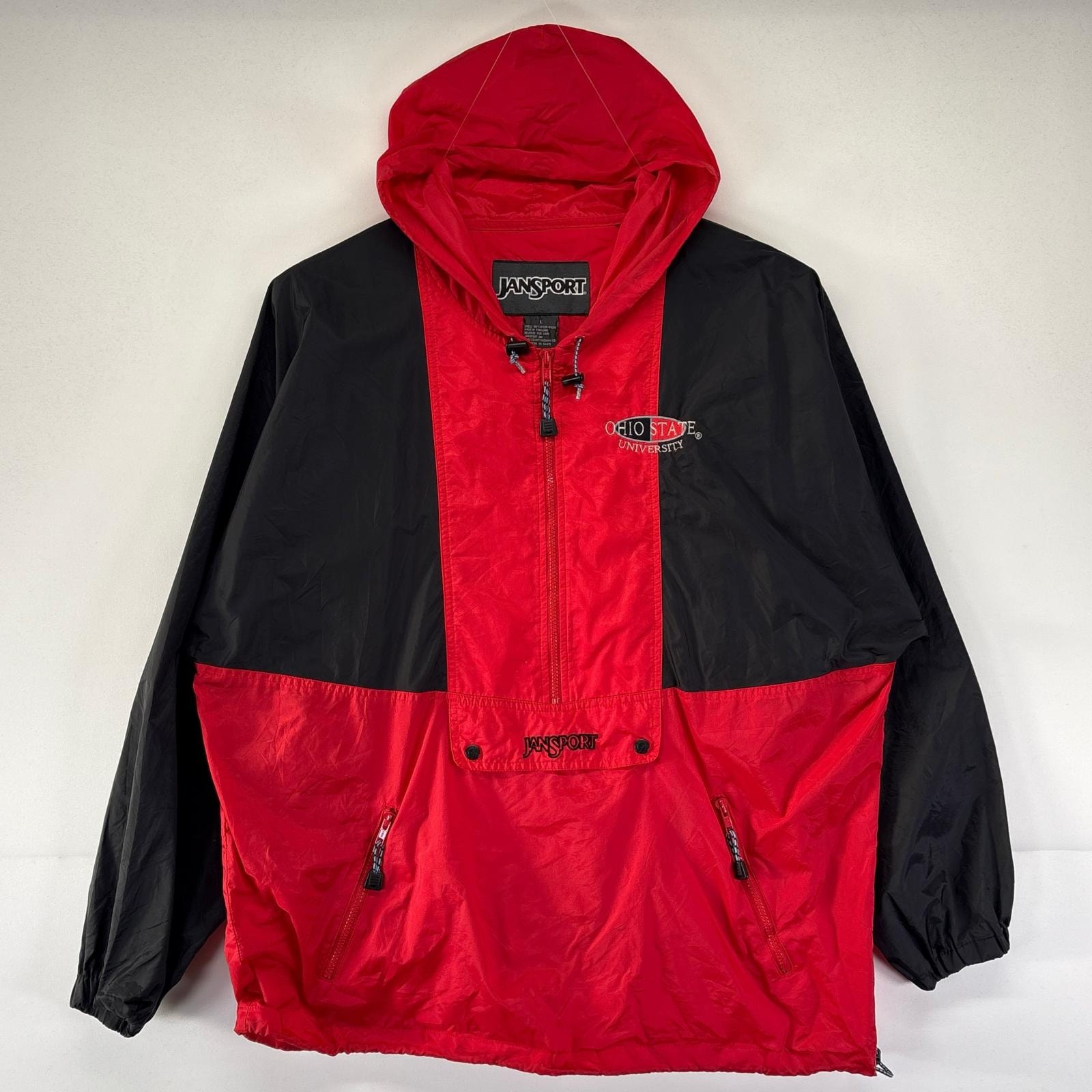 古着 ジャンスポーツ JANSPORT ナイロンジャケット アノラックパーカー ハーフジップ プルオーバー ワンポイント刺繍 L  レッド メンズ