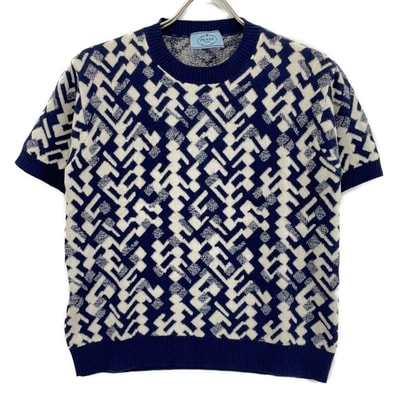 プラダ P24TOP 19年 ブルー ウールカシミヤ 総柄半袖ニット 40