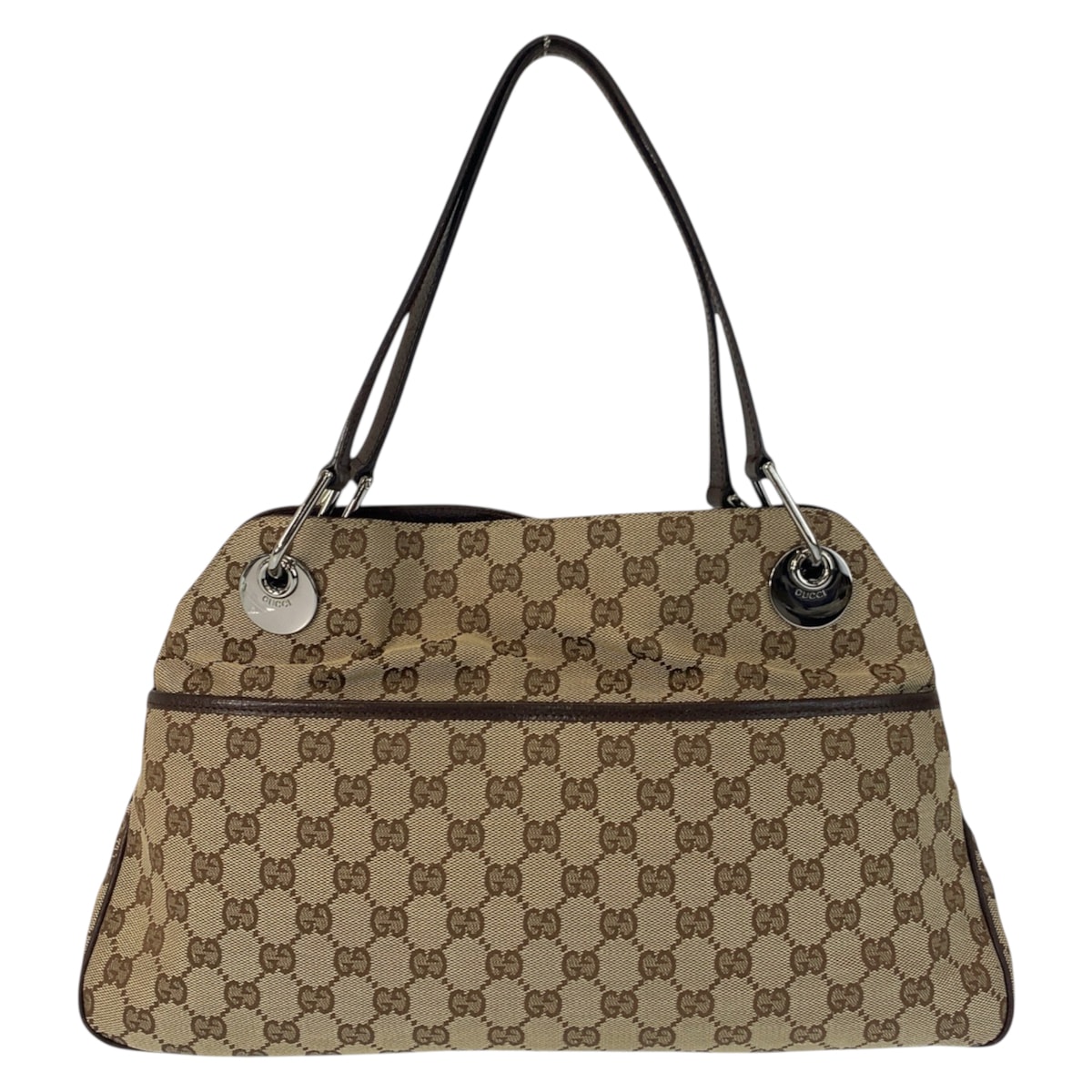 美品 GUCCI グッチ ベージュ ブラウン シルバー金具 GGキャンバス レザー/ ショルダーバッグ トートバッグ 601390 【中古】