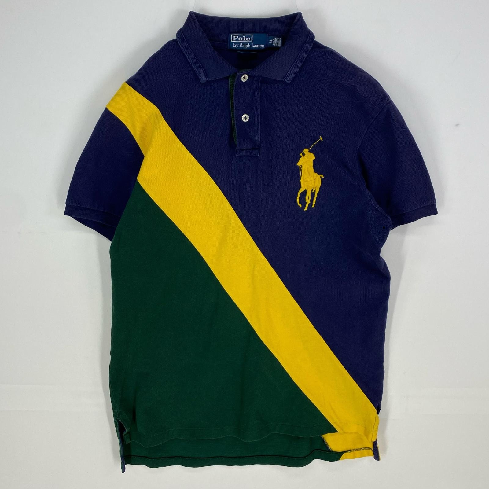 古着 ポロバイラルフローレン Polo by Ralph Lauren 鹿の子 半袖シャツ ビッグポニー ポロシャツ M ネイビー系 マルチカラー メンズ