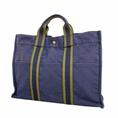 ★SALE【6db1436】エルメス トートバッグ フールトゥMM キャンバス ネイビー モスグリーン シルバー金具【中古】メンズ レディース ユニセックス