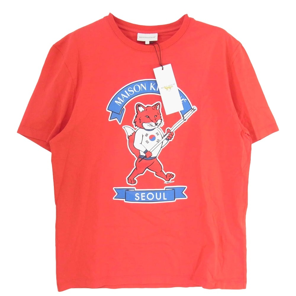 MAISON KITSUNE メゾンキツネ Tシャツ 韓国 限定 カレッジロゴ プリント ショートスリーブ 半袖 Tシャツ TEE レッド系 L【極上美品】【中古】