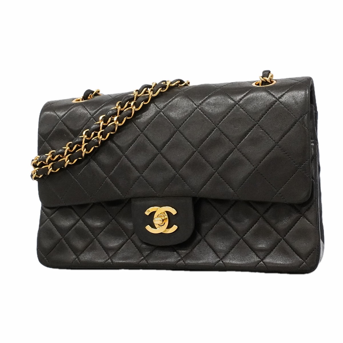 ★SALE【6ia0752】シャネル ショルダーバッグ マトラッセ Wフラップ Wチェーン ラムスキン ブラック ゴールド金具【中古】レディース