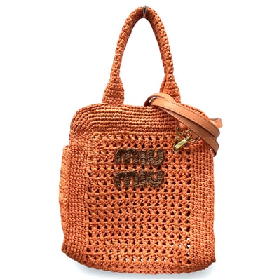 miumiu 極美品 ミュウミュウ クロシェ ファブリック 2way トートバッグ ショルダーバッグ 5BA283 ICチップ確認済 ラフィア オレンジ ブラウン クロスボディ ロゴ ハンドバッグ Aランク 中古 鑑定済 ミュウミュウハンドバッグ