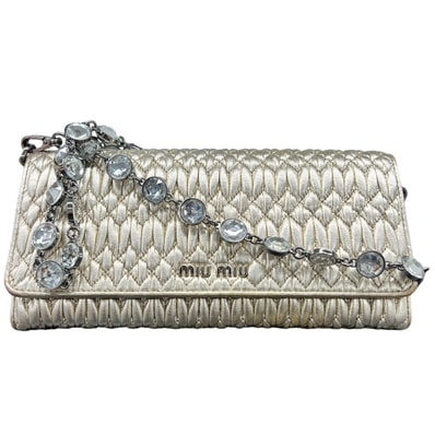 MIUMIU ミュウミュウ ナッパクリスタル マテラッセ クラッチバッグ チェーンウォレット 5MT290 シャンパンゴールド ギャザー クリスタルチェーン ポシェット 2way Bランク 中古 鑑定済 ミュウミュウ財布