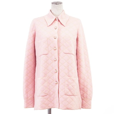 美品 シャネル 2015年製 P52423 マトラッセ カシミヤ/シルク ニット フェイクパール COCOマーク ジャケット レディース ピンク ベージュ 36 CHANEL