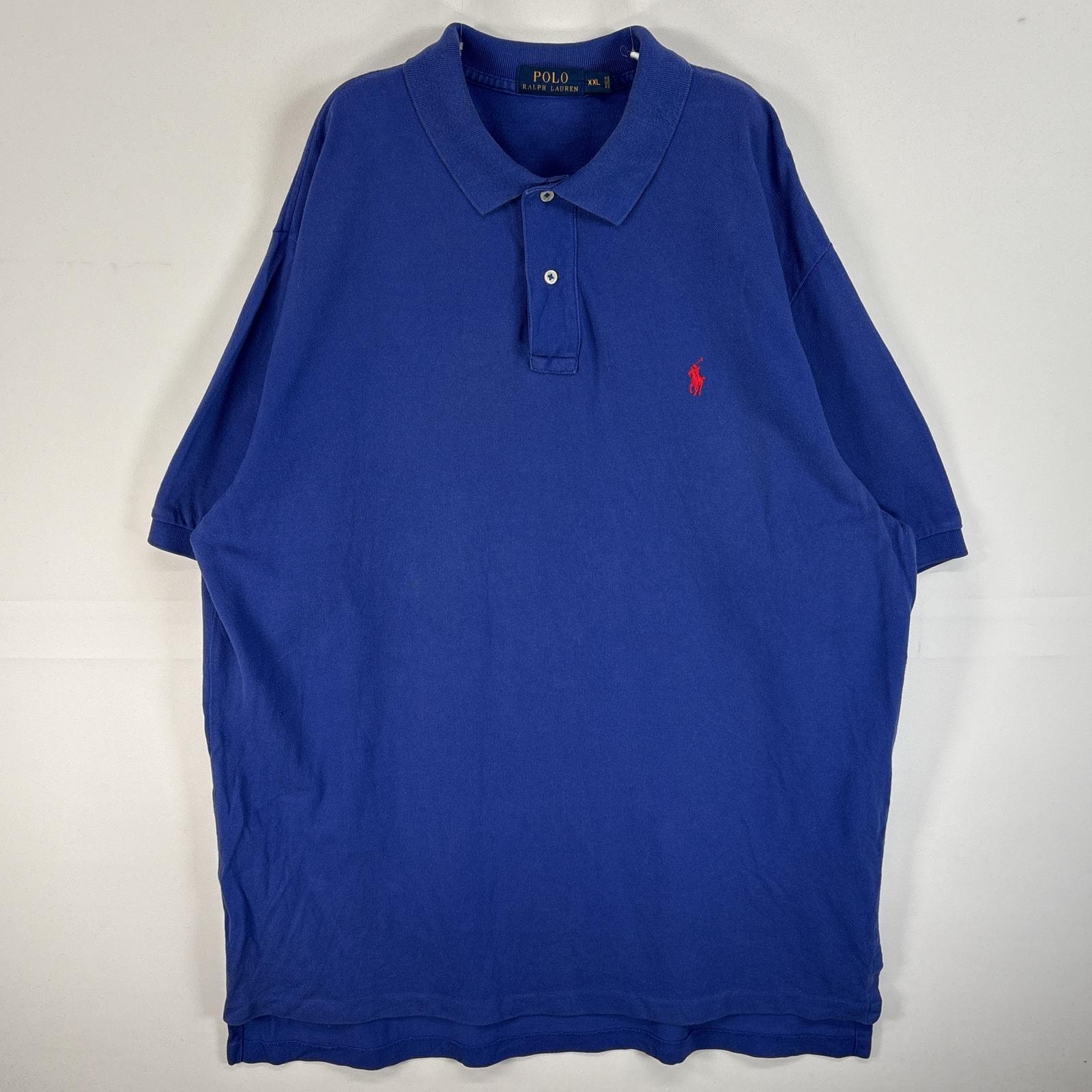 古着 ポロ・ラルフローレン POLO RALPH LAUREN 鹿の子 半袖 ポロシャツ ロゴ 刺繍 2ボタン 大きいサイズ 14041  ブルー 無地 メンズ