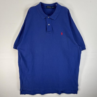 古着 ポロ・ラルフローレン POLO RALPH LAUREN 鹿の子 半袖 ポロシャツ ロゴ 刺繍 2ボタン 大きいサイズ 14041 ブルー 無地 メンズ