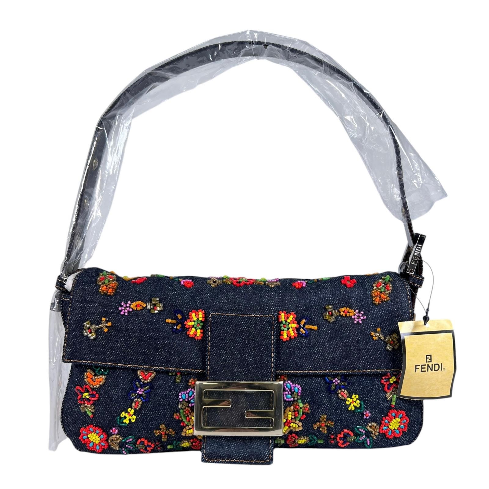 美品 FENDI フェンディ マンマバケット 8BR600 ハンドバッグ デニム マルチカラー レディース ビーズ ビジュー 刺繍【中古】