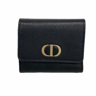 【6dd5198】クリスチャンディオール 三つ折り財布 レザー ブラック ゴールド金具【中古】レディース