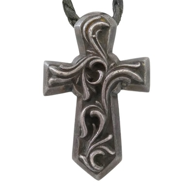 CHROME HEARTS クロムハーツ(原本無) VULCAN CROSS SM BC スモール バルカンクロス レザーブレイド レザーブレード ネックレス ブラック系 シルバー系【中古】