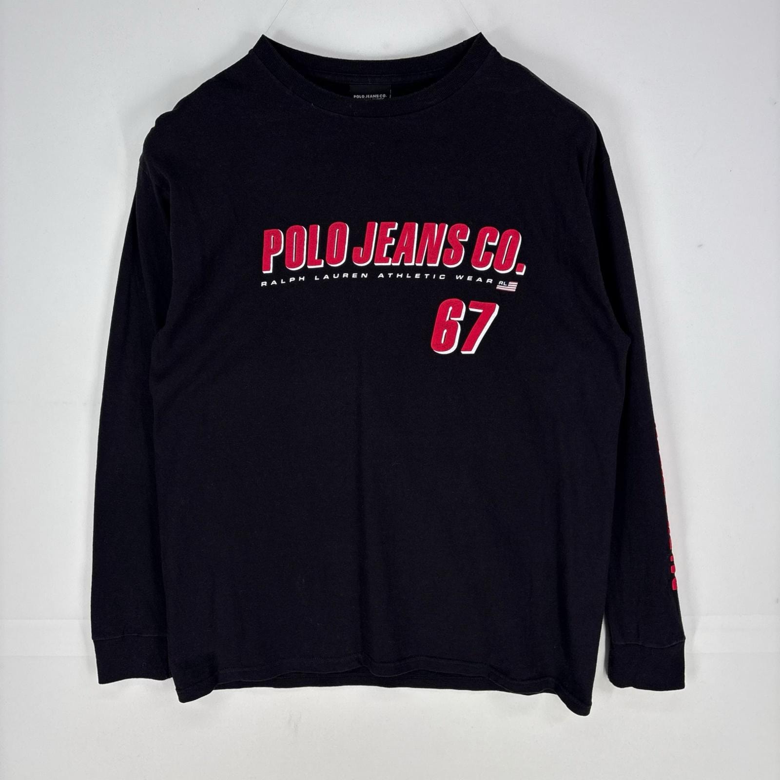 古着 ポロジーンズ POLO JEANS 長袖Tシャツ クルーネック ビッグロゴ ロンT ロングスリーブ L  ブラック系 プリント メンズ