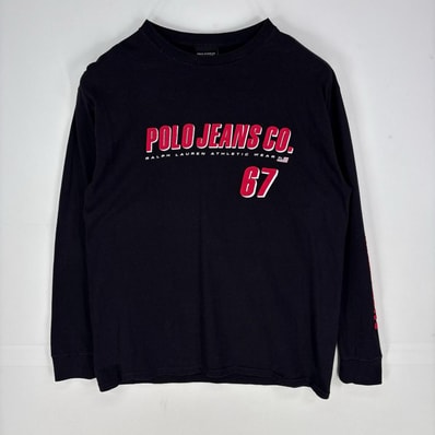 古着 ポロジーンズ POLO JEANS 長袖Tシャツ クルーネック ビッグロゴ ロンT ロングスリーブ L ブラック系 プリント メンズ