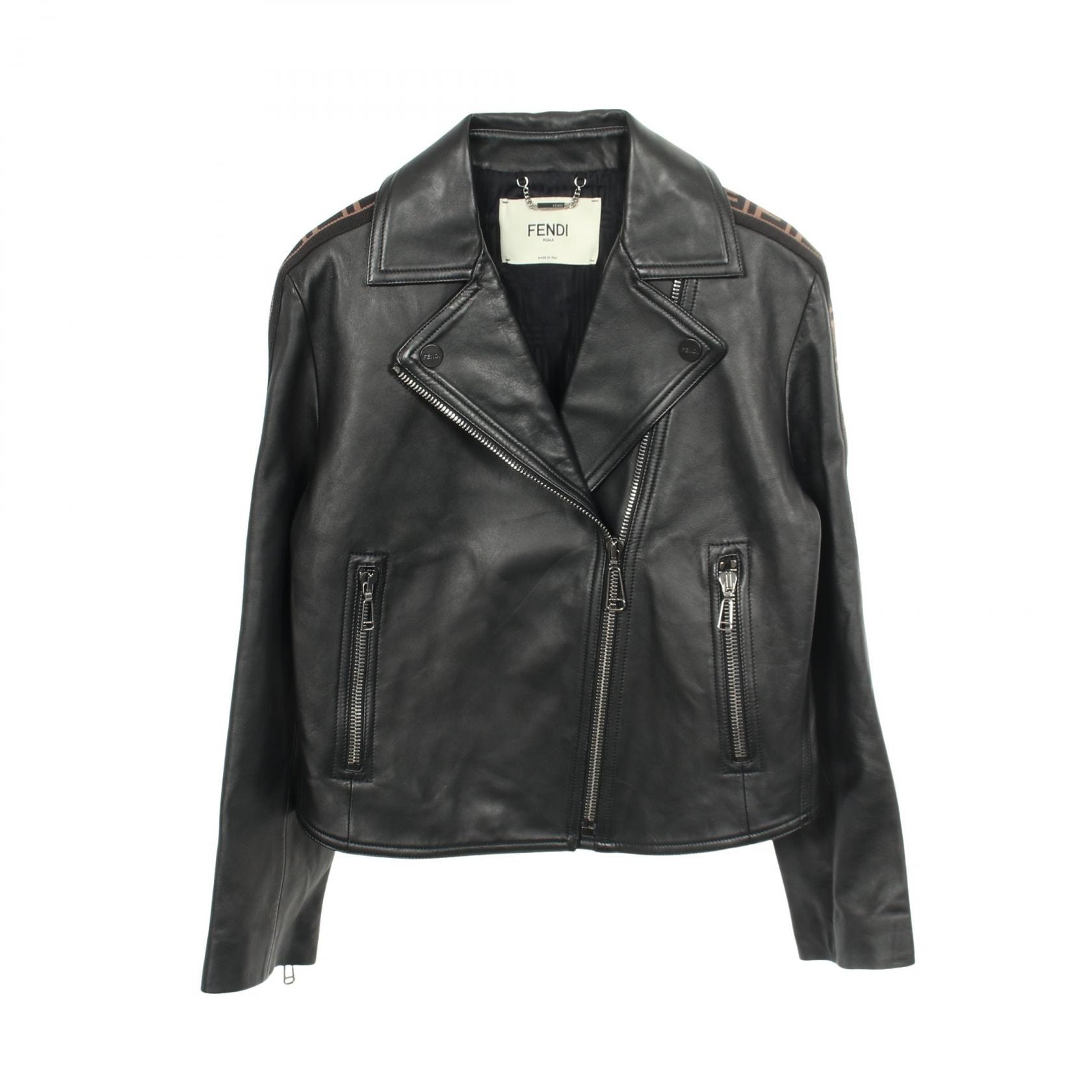 フェンディ FENDI ズッカ アームロゴ ライダースジャケット 衣料品 アウター ラムレザー レディース ブラック系 / ブラウン系 【中古】