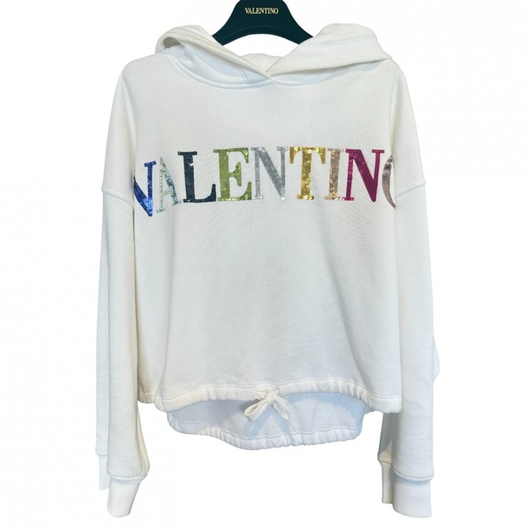 VALENTINO(ヴァレンティノ) プルオーバーパーカー フーディー ホワイト スパンコール ロゴ レディース サイズS 2B3MF21K7TB【中古】