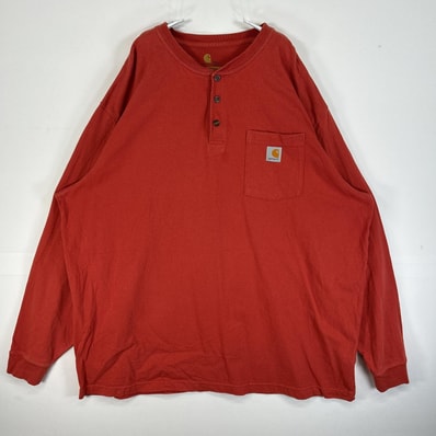 古着 カーハート Carhartt 長袖Tシャツ ヘンリーネック 大きいサイズ 肉厚 胸ポケ 2XL オレンジ系 無地 メンズ