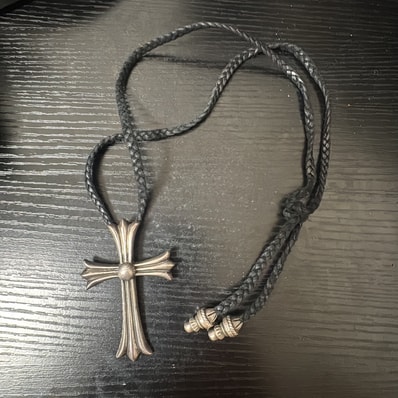 Chrome Hearts Large CH Cross Leather Braid W Bolo Tip Necklace "Black/Silver"