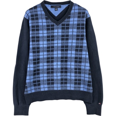 古着 00年代 トミーヒルフィガー TOMMY HILFIGER チェック柄 Vネック コットンニットセーター メンズM相当/eaa589270