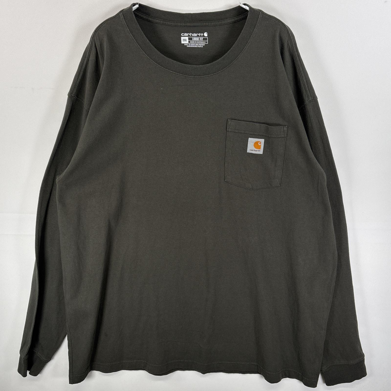 古着 カーハート Carhartt 長袖Tシャツ 肉厚 ワンポイント ロゴ 大きいサイズ 2XL グリーン系 無地 メンズ