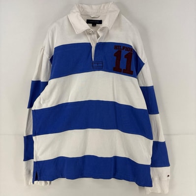 古着 トミーヒルフィガー TOMMY HILFIGER 長袖シャツ ロゴ ラグビー ラガーシャツ ボーダー L ブルー ボーダー メンズ