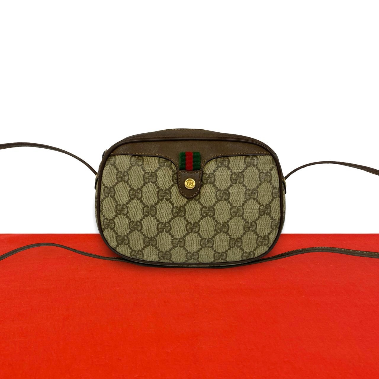 GUCCI グッチ シェリーライン GG ロゴ 柄 金具 レザー PVC ショルダーバッグ ブラウン
 801-5