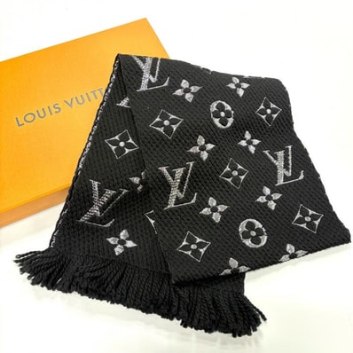 LOUIS VUITTON エシャルプ・ロゴマニア ノワール マフラー M75833 イタリア製 ウール/シルク ブラック/シルバー 鑑定済み 正規品 ルイ・ヴィトン