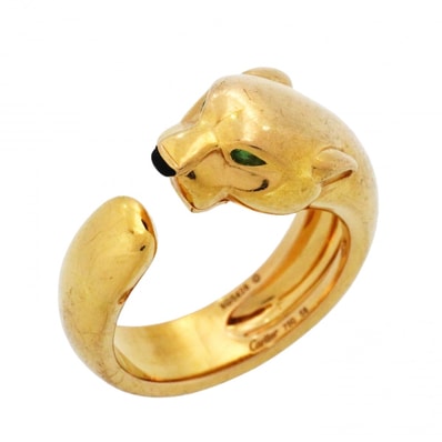 【6jcb0976-e】カルティエ リング パンテール K18YG イエローゴールド オニキス グリーンガーネット ブラック #58【中古】メンズ