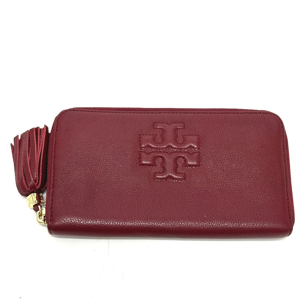 トリーバーチ Tory Burch ダブルT ロゴ フリンジ ラウンド 長財布 レザー ワインレッド