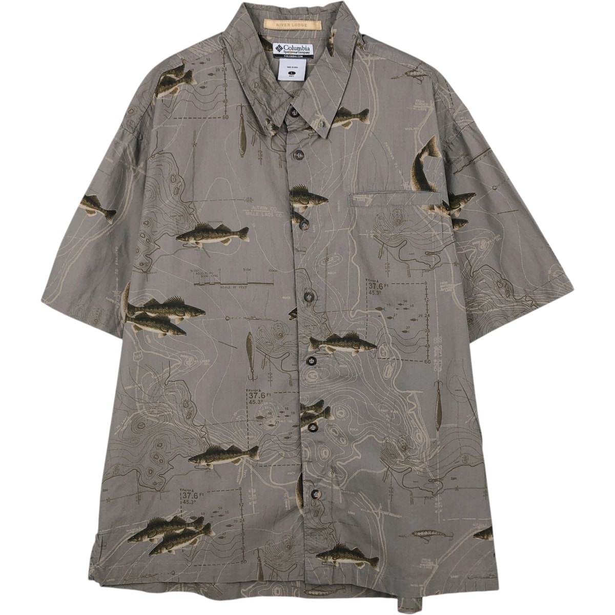 古着 00年代 コロンビア Columbia RIVER LODGE 総柄 魚柄 半袖 ボタンダウンシャツ ボックスシャツ メンズL相当/eaa650653