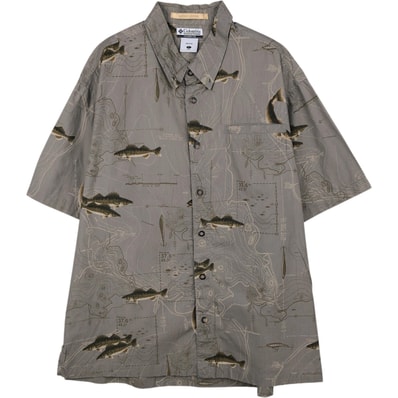 古着 00年代 コロンビア Columbia RIVER LODGE 総柄 魚柄 半袖 ボタンダウンシャツ ボックスシャツ メンズL相当/eaa650653