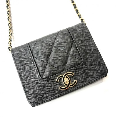 シャネル CHANEL マドモアゼル チェーンショルダー キャビアスキン ブラック ミニウォレット ターンロックモチーフ【鑑定済み】正規品