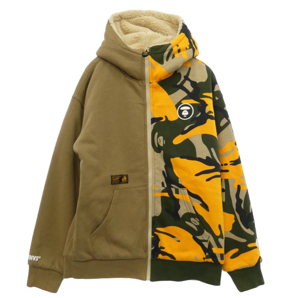 A BATHING APE アベイシングエイプ AAPSWM3957XXJ AAPE エーエイプ ボア フリース スウェット リバーシブル パーカー ブルゾン 猿迷彩 サルカモ カモフラージュ 柄 ジャケット ベージュ系 M【中古】