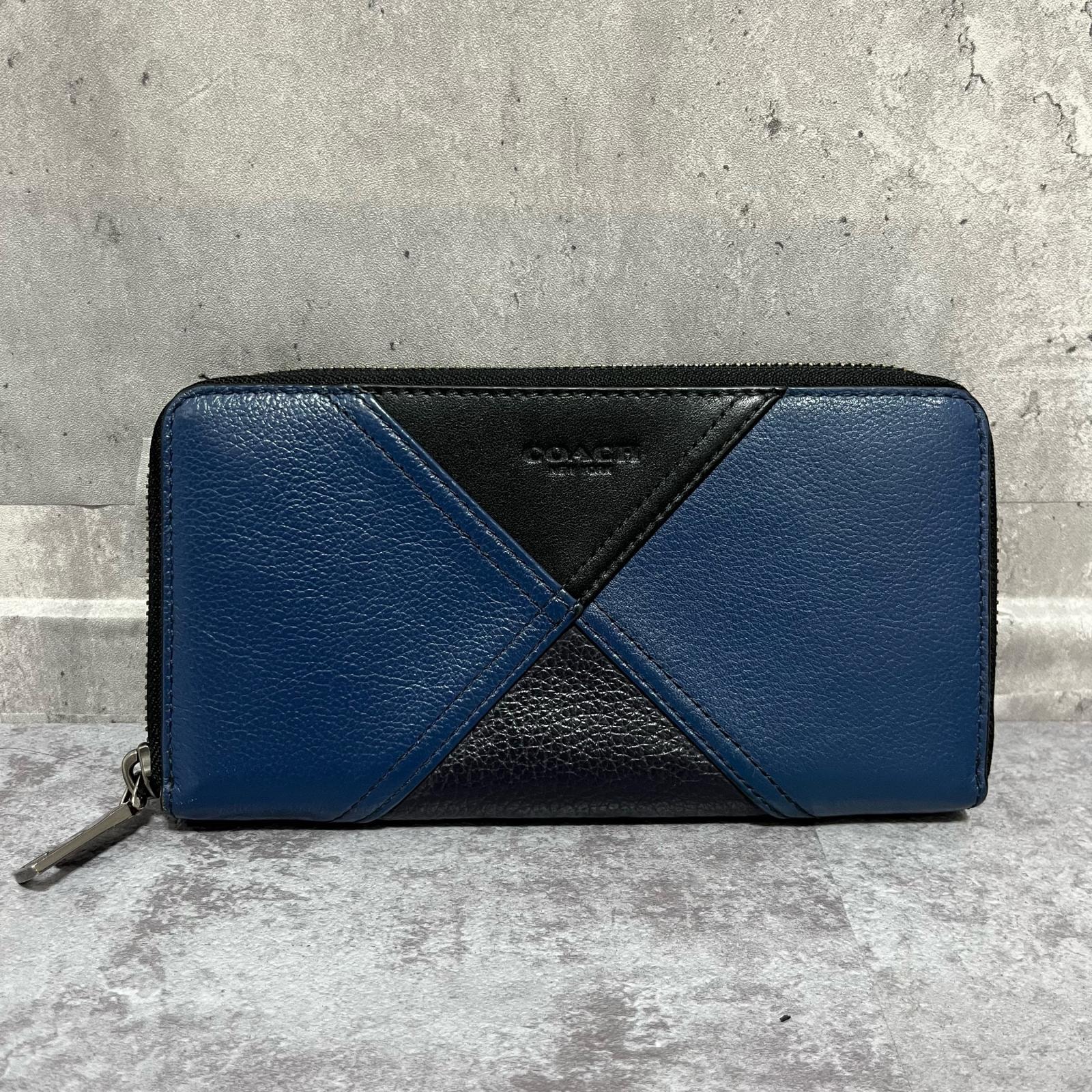 【COACH】コーチ 無地長財布 パッチワークデザイン レザー メンズ ネイビー 紺色 ブラック 黒色 ラウンドファスナー長財布 カラーブロックデザイン 型番F56604
