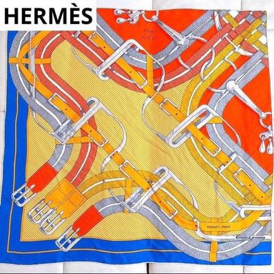 【希少丨美品】エルメス カレ90 馬銜 シュミーズ デタイユ スカーフ ブルー オレンジ HERMES シルク 上品 おしゃれ 映え プレゼント ギフト