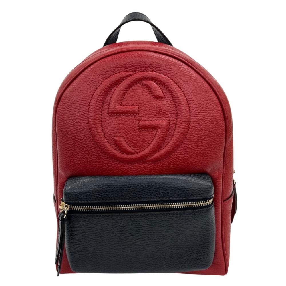 GUCCI グッチ リュック インターロッキングG ソーホー チェーン 431570 グレインレザー    レッド 赤 ダークブルー ゴールド金具 レディース【中古品】