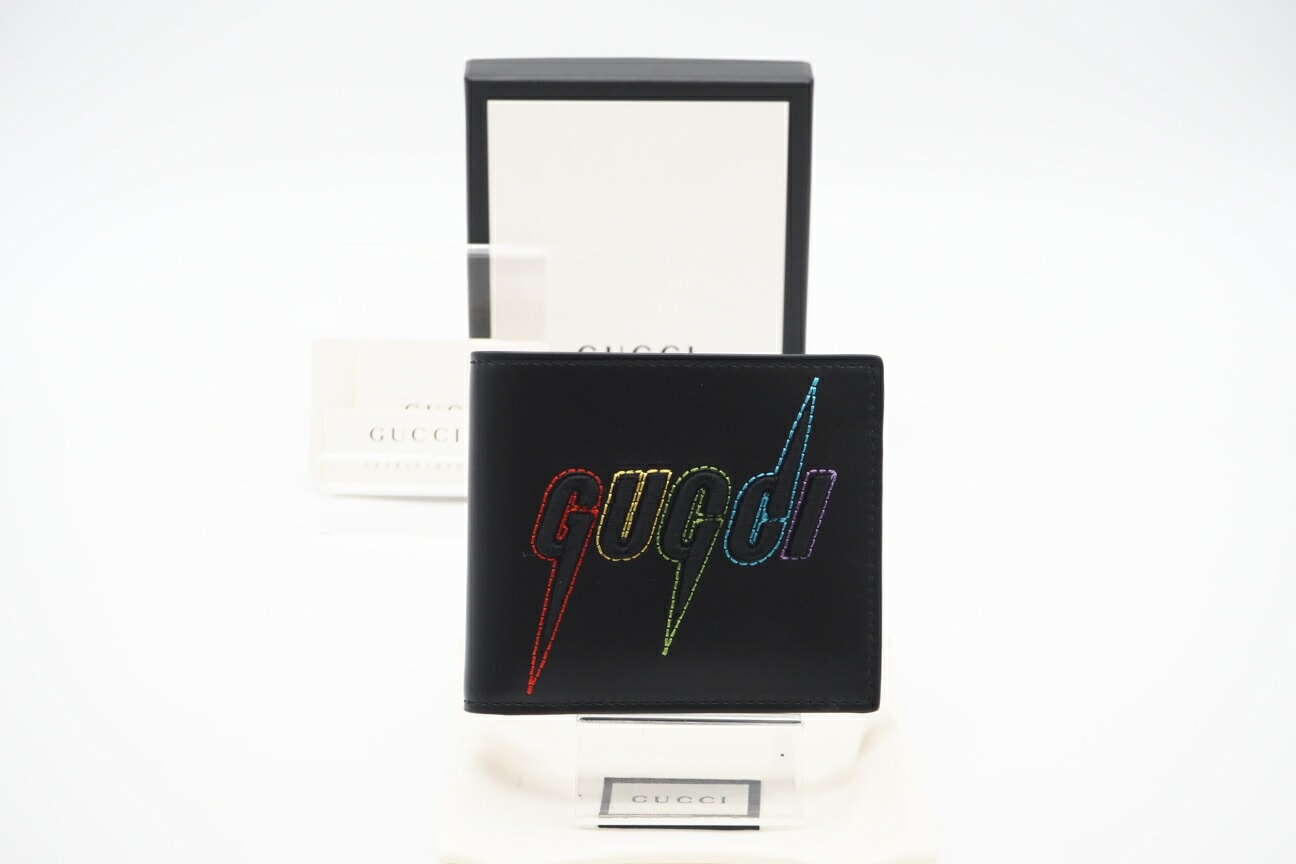 極美品 GUCCI グッチ レザー エンブロイダリー 二つ折り札入れ マルチカラー 597674 二つ折り財布 ブラック レザー メンズ