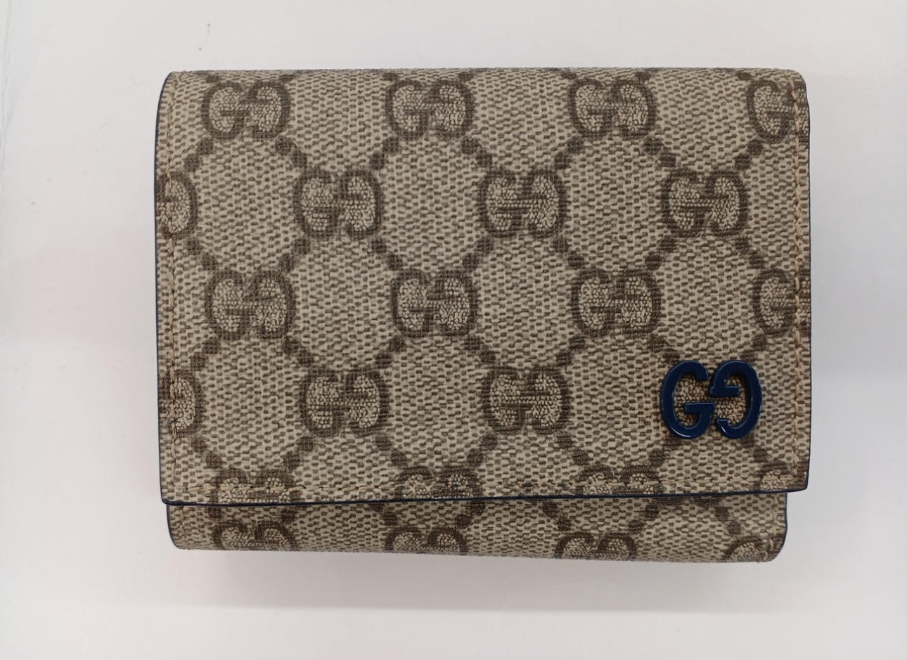 GUCCI Tri Fold Wallet With GG Detail GG Supreme "Beige/Ebony/Blue"
