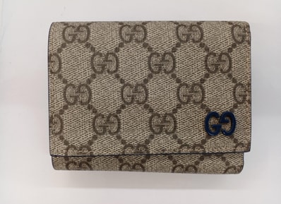 GUCCI Tri Fold Wallet With GG Detail GG Supreme "Beige/Ebony/Blue"