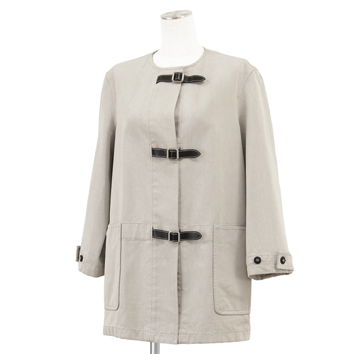 HERMES エルメス ヴィンテージ ハーフコート サイズ 34 レディース コットンギャバジン レザーストラップ シグネチャー ロゴ Hモチーフボタン リラックスフィット ジャケット アウター ライトベージュ フランス製 マルジェラ期