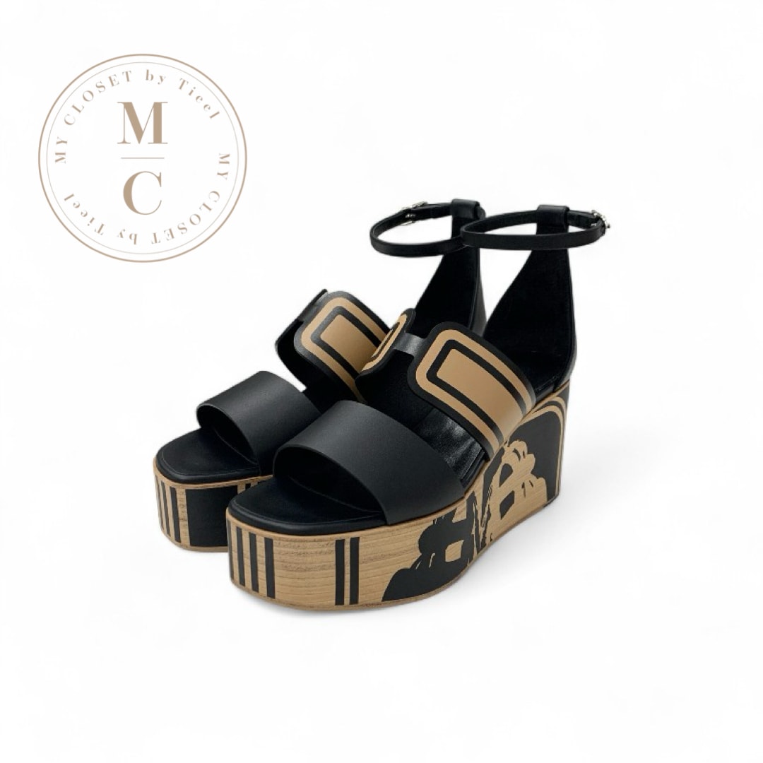 エルメス HERMES カリス サンダル 靴 シューズ レザー ブラック ブラウン 未使用 Brides de Gala Quadri Tattoo ウェッジソール ストラップ 厚底