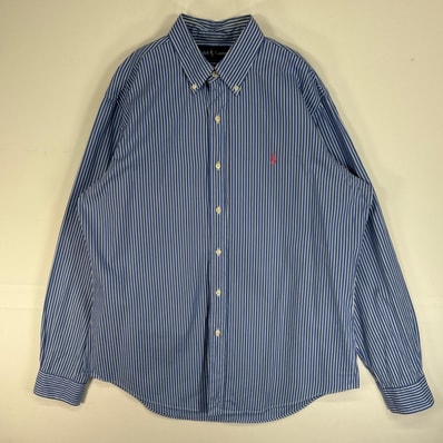 古着 ラルフローレン RALPH LAUREN 長袖シャツ ロゴ 刺繍 ボタンダウン L ブルー ストライプ メンズ