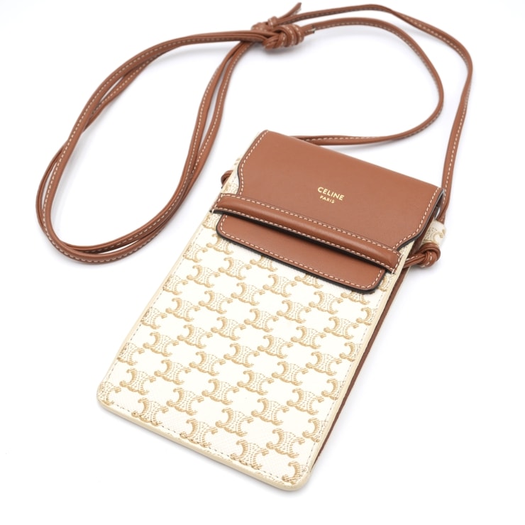 CELINE(セリーヌ)トリオンフ フォンポーチ ショルダーバッグ スマホショルダー ミニバッグ トリオンフキャンバス タン アイボリー ブラウン レザー 斜め掛け レディース W-GA-4251【中古】