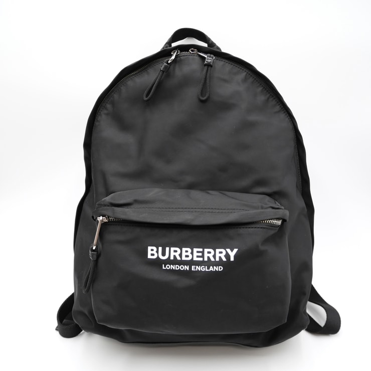 BURBERRY(バーバリー)ロゴプリント バックパック リュック ブラック ナイロン シルバー金具 メンズ レディース ユニセックス【中古】