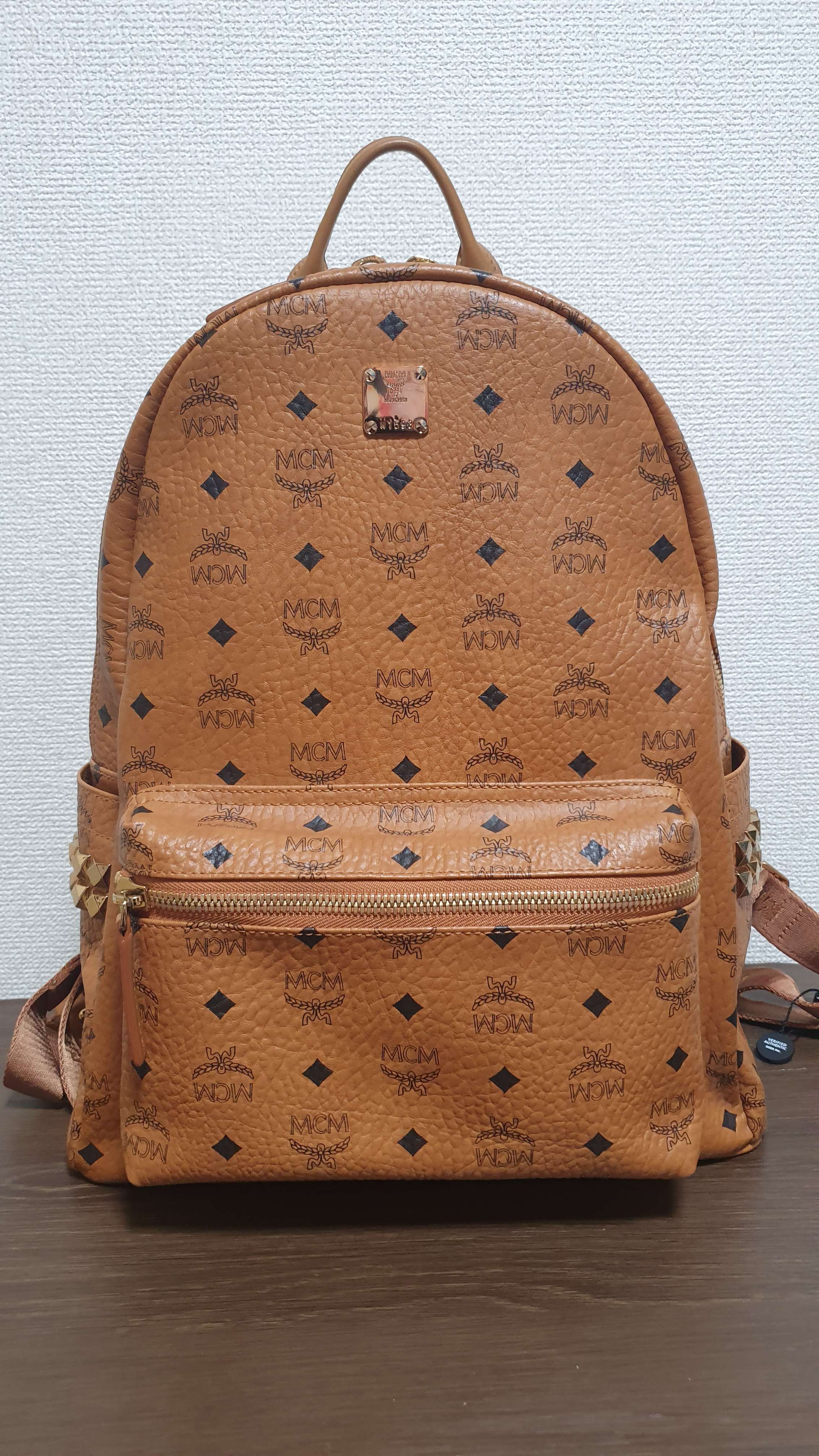 MCM Stark Side Studs Backpack In Visetos "Cognac"