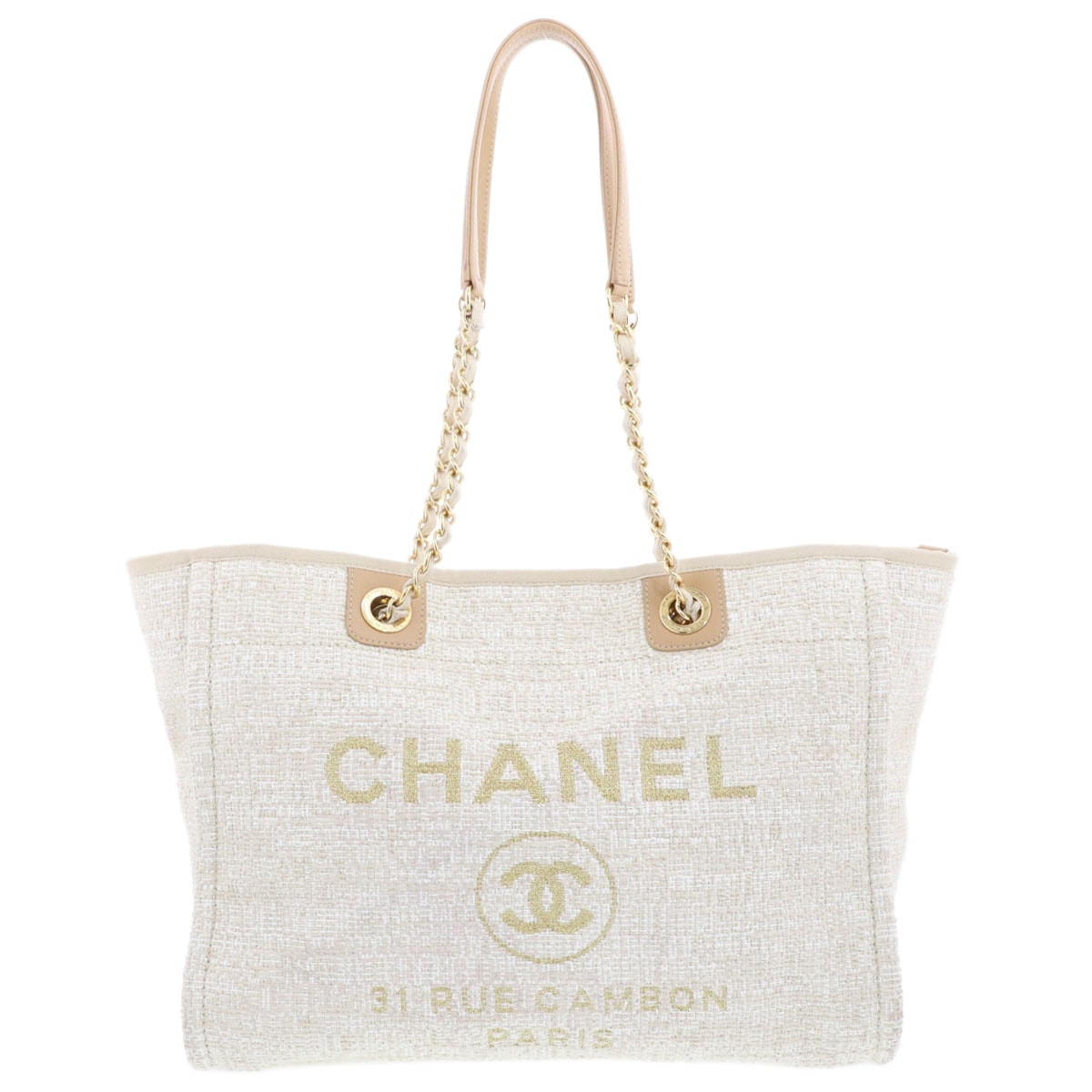 CHANEL シャネル ドーヴィルMM チェーントート トートバッグ A67001 キャンバス ピンクベージュ ゴールド金具  レディース【中古】