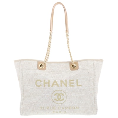 CHANEL シャネル ドーヴィルMM チェーントート トートバッグ A67001 キャンバス ピンクベージュ ゴールド金具 レディース【中古】